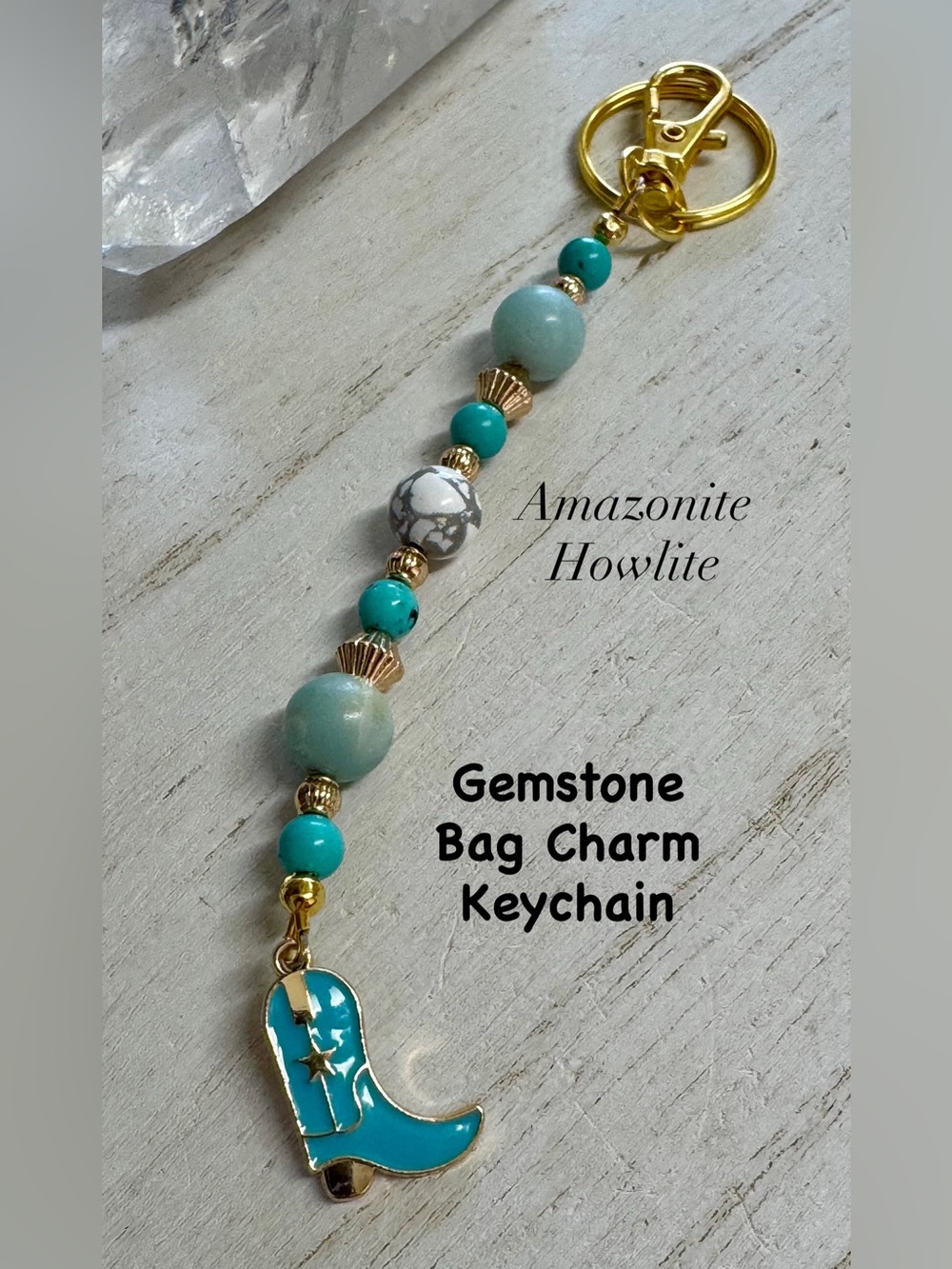 2/$35 - Gemstone Cowboy Boot Bag Charm Keychain - Amazonite & Howlite